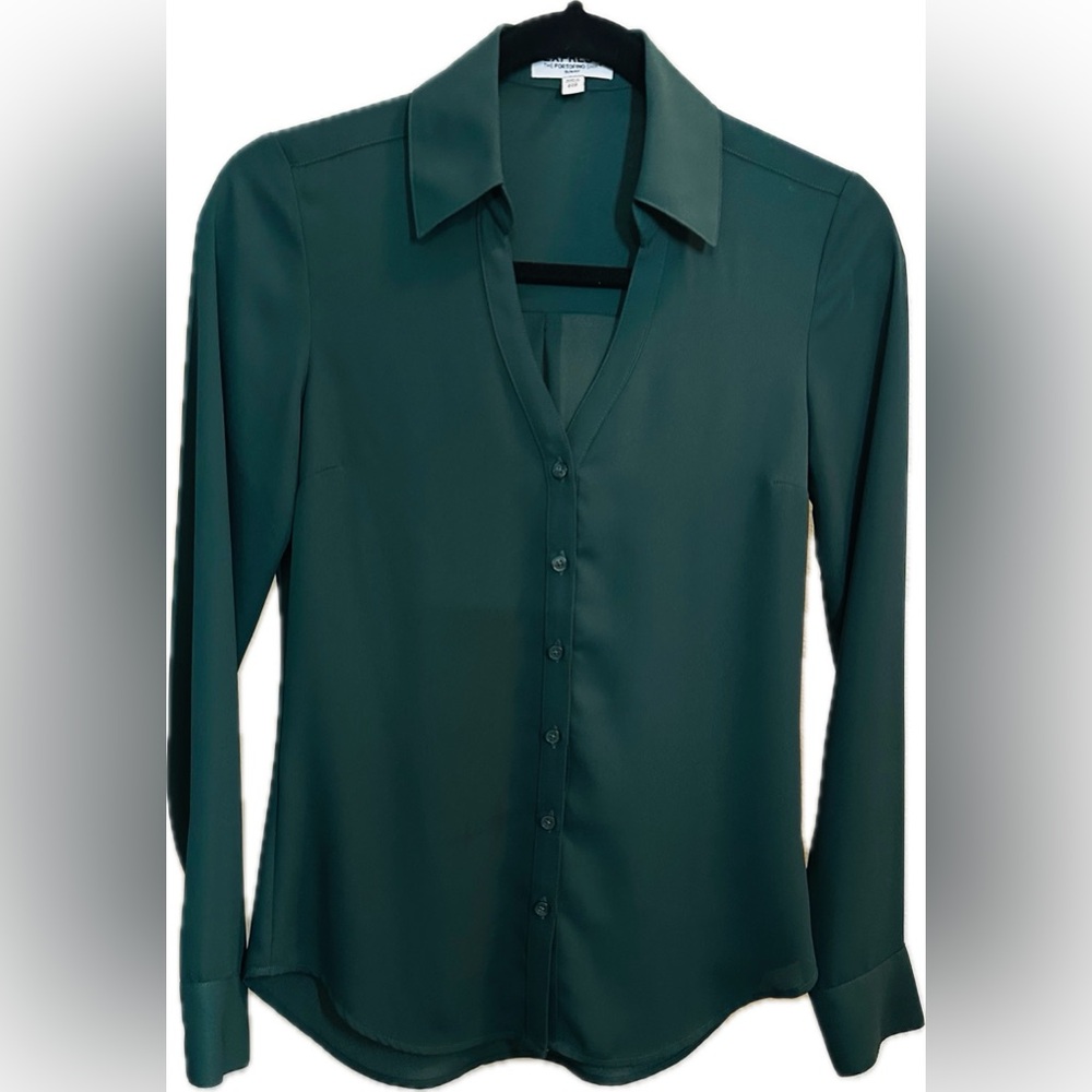 Express Dark Forest Green Blouse Business Casual Lingerie Sleeve Polyester